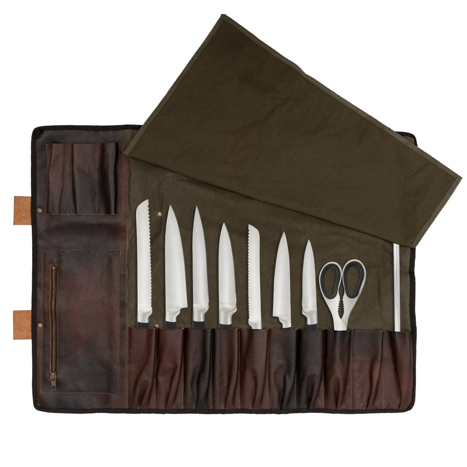 Waxed Green Leather Canvas apron and Roll with Cap Gift Set