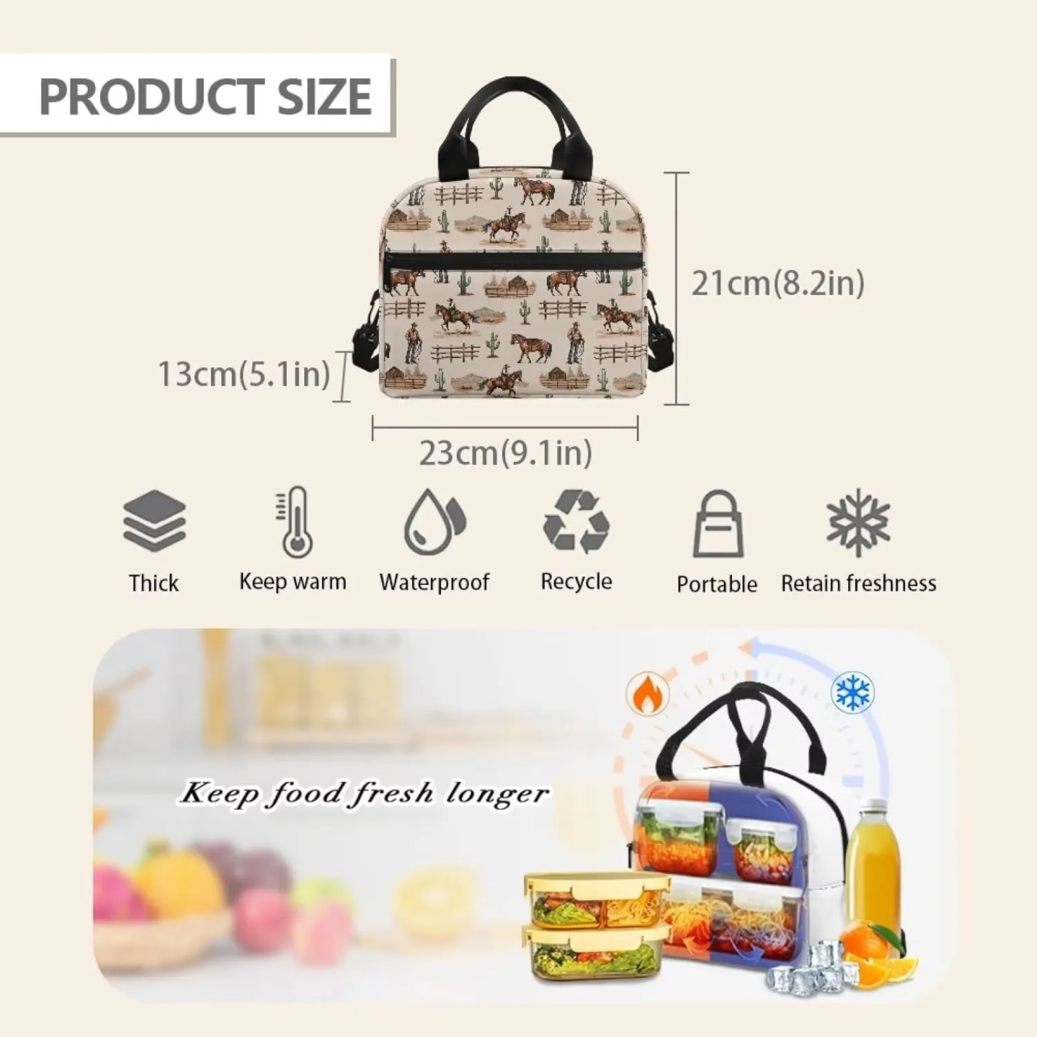 Western Cowboy Lunch Bag Insulated Lunch Box for Kids Women Horse Southwestern Lunchbag Reusable Lunch Tote Bag Bento Cooler Bag Lunchbox for Boys Men School Travel Picnic