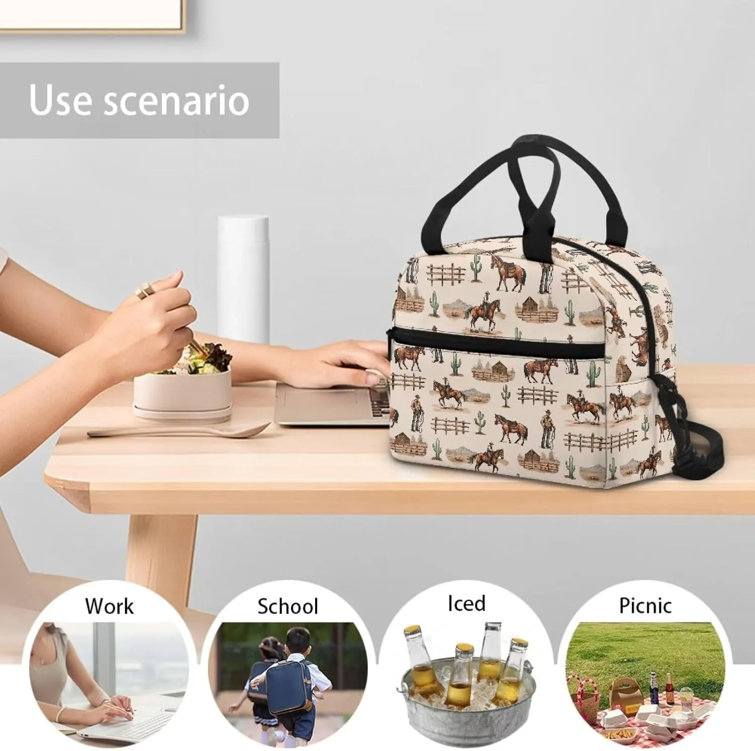 Western Cowboy Lunch Bag Insulated Lunch Box for Kids Women Horse Southwestern Lunchbag Reusable Lunch Tote Bag Bento Cooler Bag Lunchbox for Boys Men School Travel Picnic