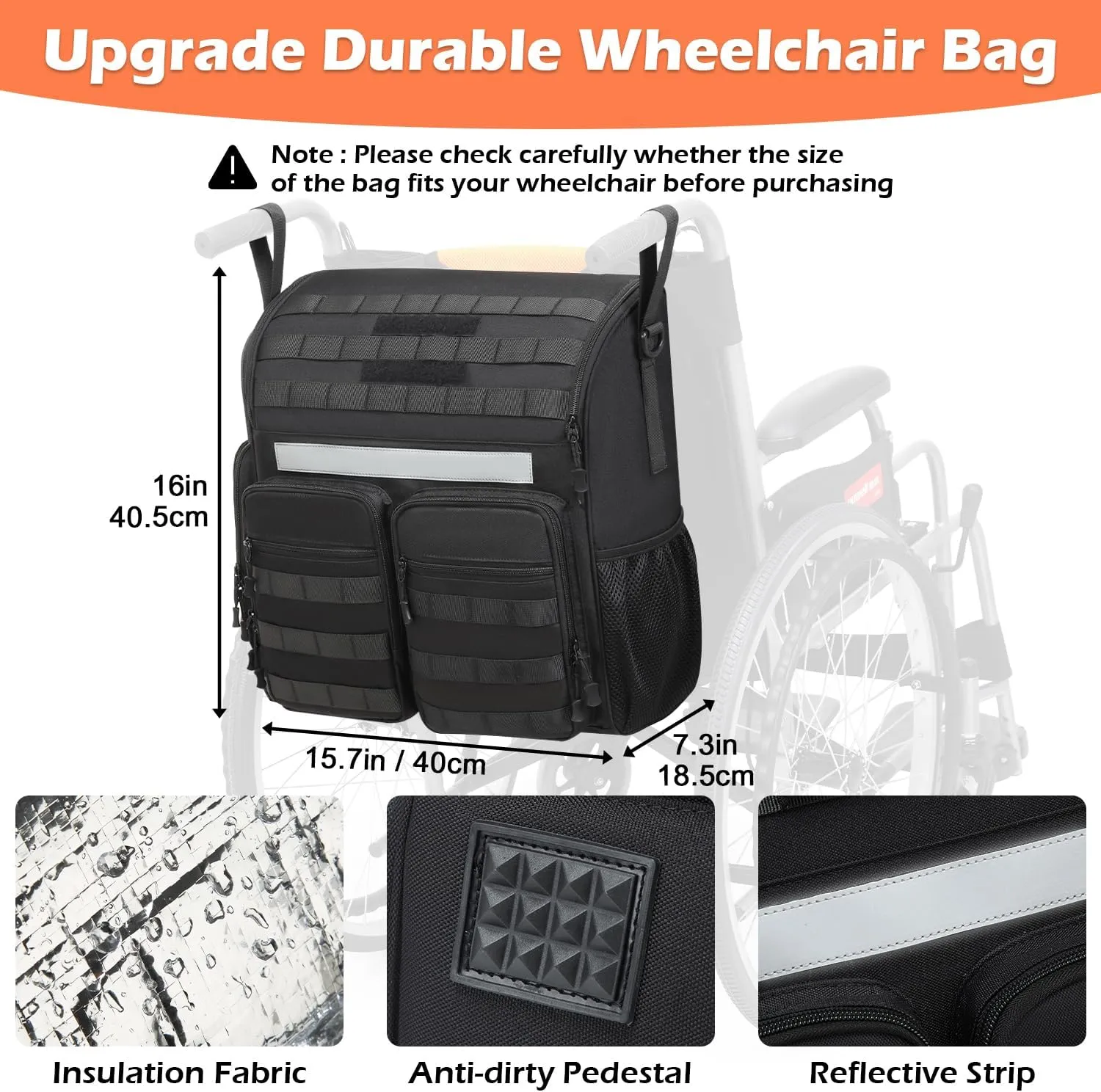 Wheelchair Backpack Bag, Wheelchair Bag to Hang on Back with Medicine Storage Insulation Pocket & Reflective Stripe, Black