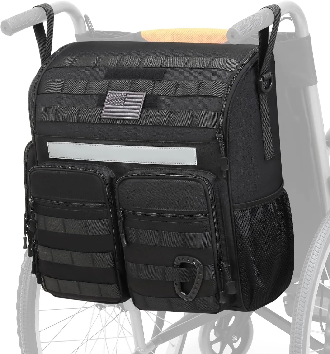 Wheelchair Backpack Bag, Wheelchair Bag to Hang on Back with Medicine Storage Insulation Pocket & Reflective Stripe, Black