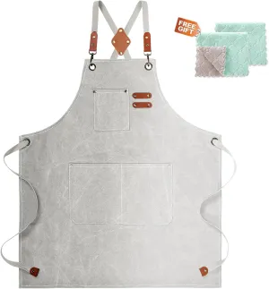 White Chef Aprons for Men Women with Large Pockets,Cotton Canvas Cross Back Apron,Kitchen Cooking Baking Bib Heavy Duty Adjustable Work Apron