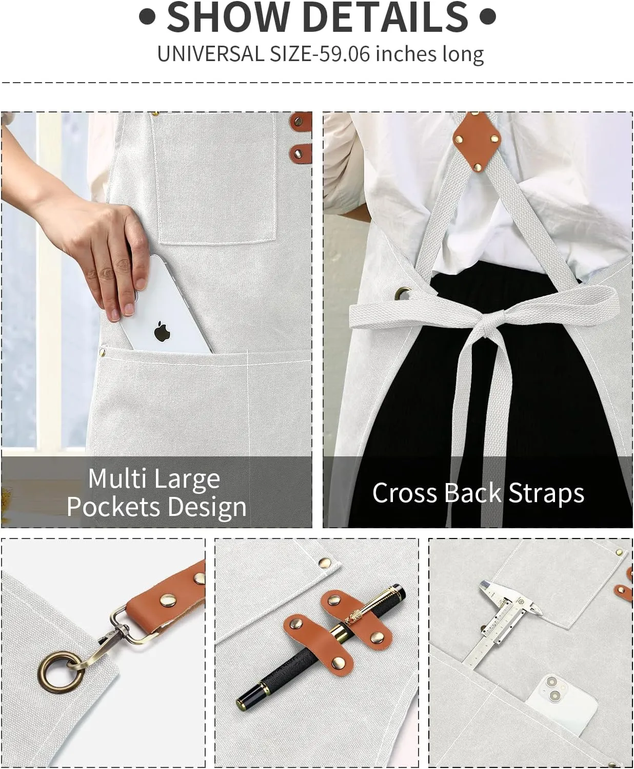 White Chef Aprons for Men Women with Large Pockets,Cotton Canvas Cross Back Apron,Kitchen Cooking Baking Bib Heavy Duty Adjustable Work Apron