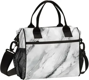 White Marble with A Hint Of Black Pattern Large Lunch Box for Men Women Adults Insulated Lunch Bag Cooler Bag with Adjustable Shoulder Strap for Work Picnic Travel