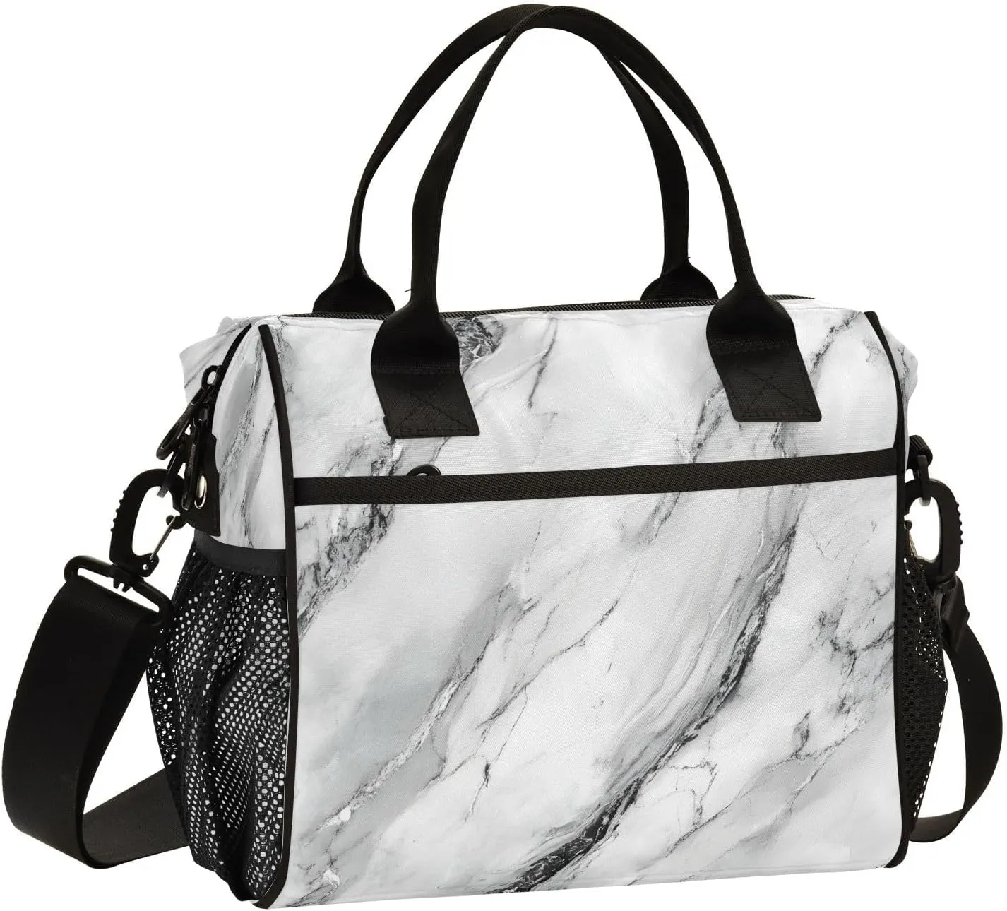 White Marble with A Hint Of Black Pattern Large Lunch Box for Men Women Adults Insulated Lunch Bag Cooler Bag with Adjustable Shoulder Strap for Work Picnic Travel