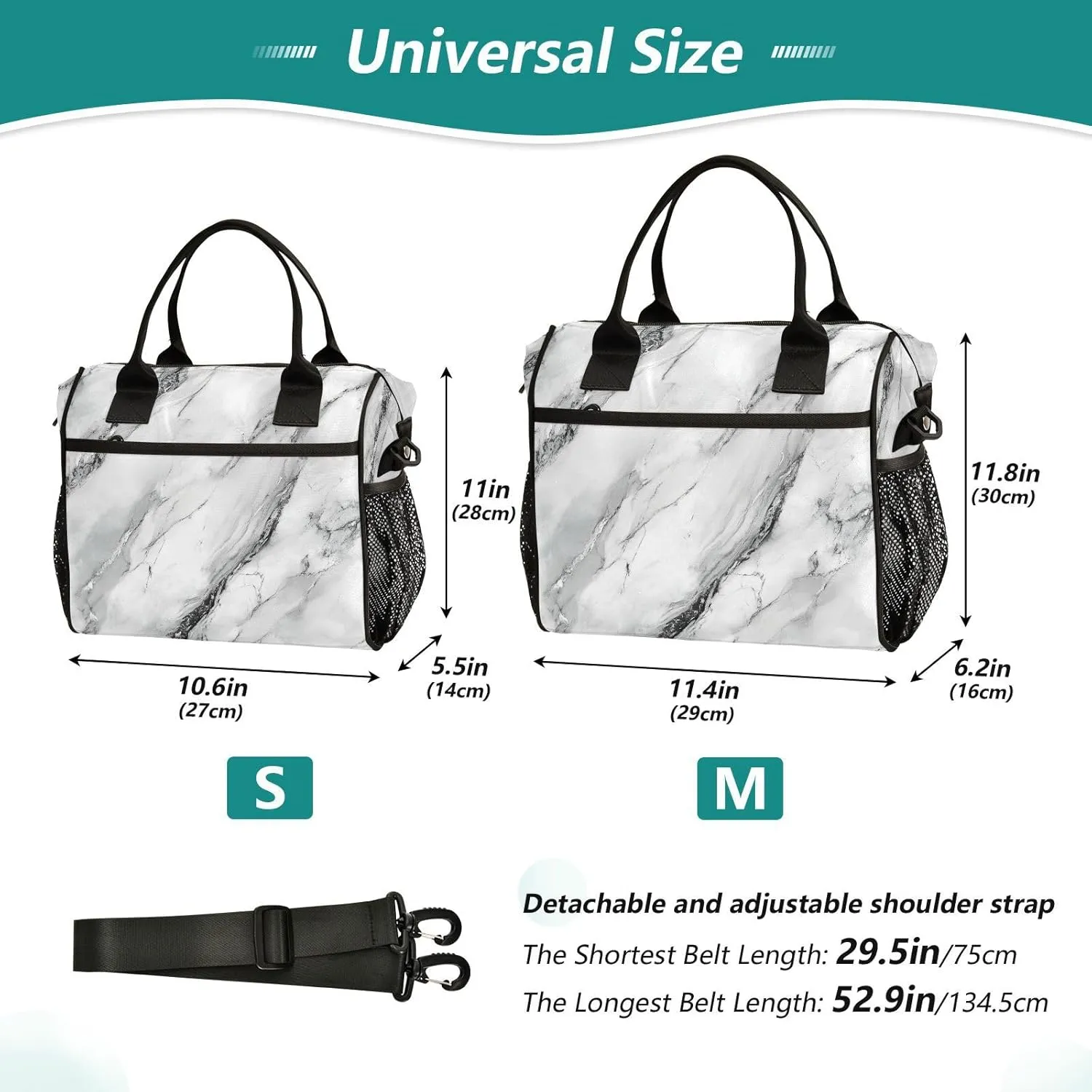 White Marble with A Hint Of Black Pattern Large Lunch Box for Men Women Adults Insulated Lunch Bag Cooler Bag with Adjustable Shoulder Strap for Work Picnic Travel