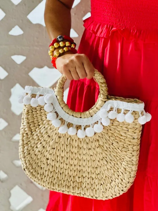 White Pom-Pom Straw Tote