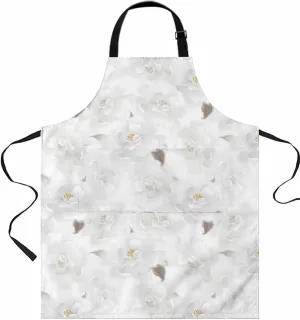 White Rose Floral Waterproof Apron With Pockets, Spring Flower Botanical Plant Blossom Kitchen Chefs Bib Cooking BBQ Grill Bake Adjustable Aprons for Women/Kids Home Garden Grooming Painting Gardening