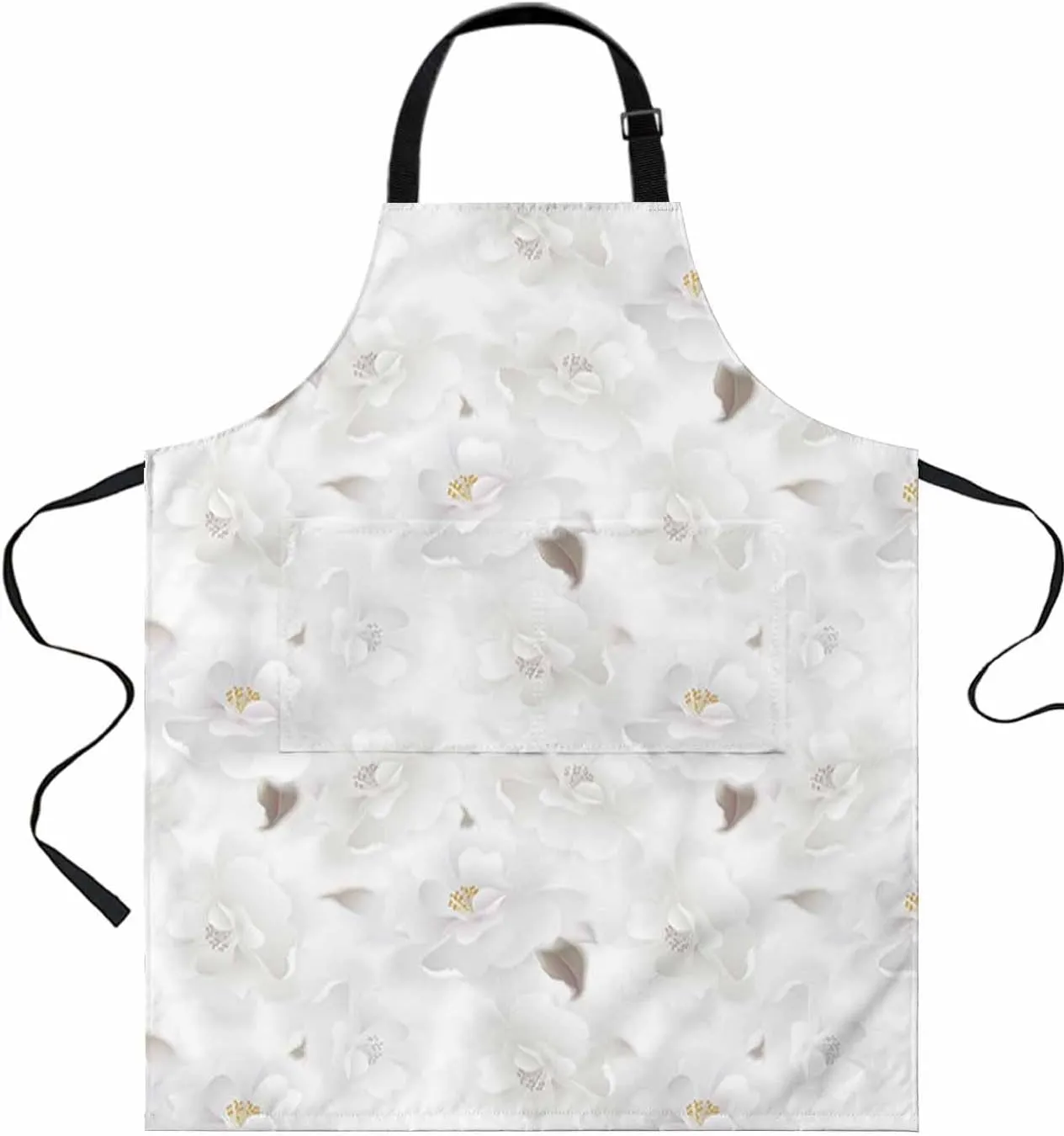 White Rose Floral Waterproof Apron With Pockets, Spring Flower Botanical Plant Blossom Kitchen Chefs Bib Cooking BBQ Grill Bake Adjustable Aprons for Women/Kids Home Garden Grooming Painting Gardening