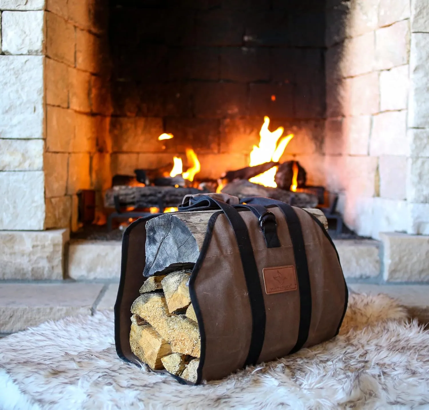 WHITEDUCK TUFF Large Firewood Carrier 21 Oz. Heavy Duty Waxed Canvas Log Carrier Holder for Fireplace, Carrying Wood Indoor & Outdoor (Brown, Diamond Shape (38" x 18"))