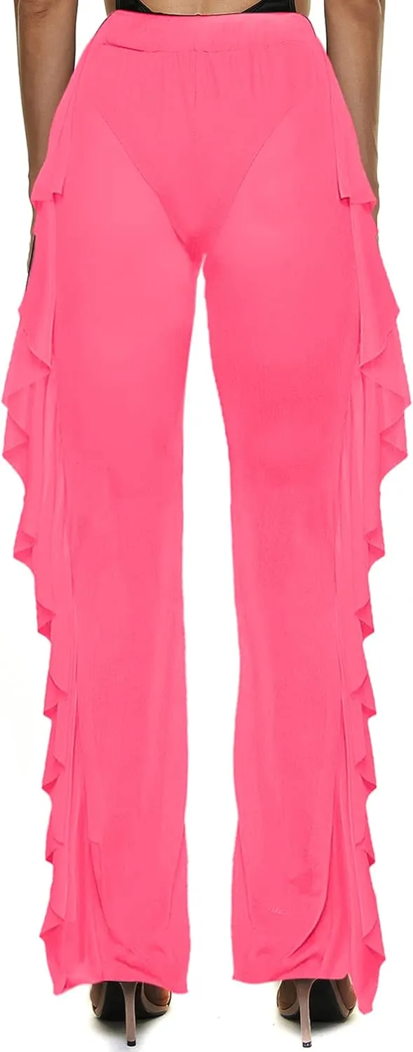 Willow Dance Women's Perspective Sheer Mesh Ruffle Pants Swimsuit Bikini Bottom Cover up Pants