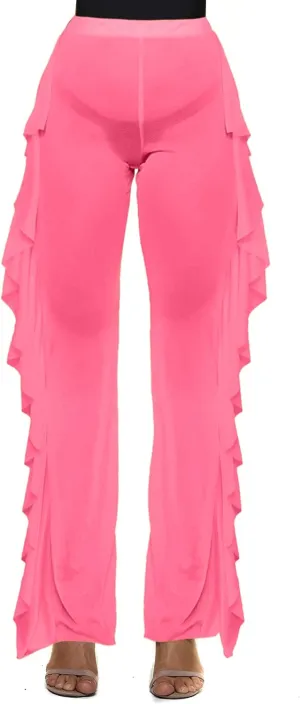 Willow Dance Women's Perspective Sheer Mesh Ruffle Pants Swimsuit Bikini Bottom Cover up Pants