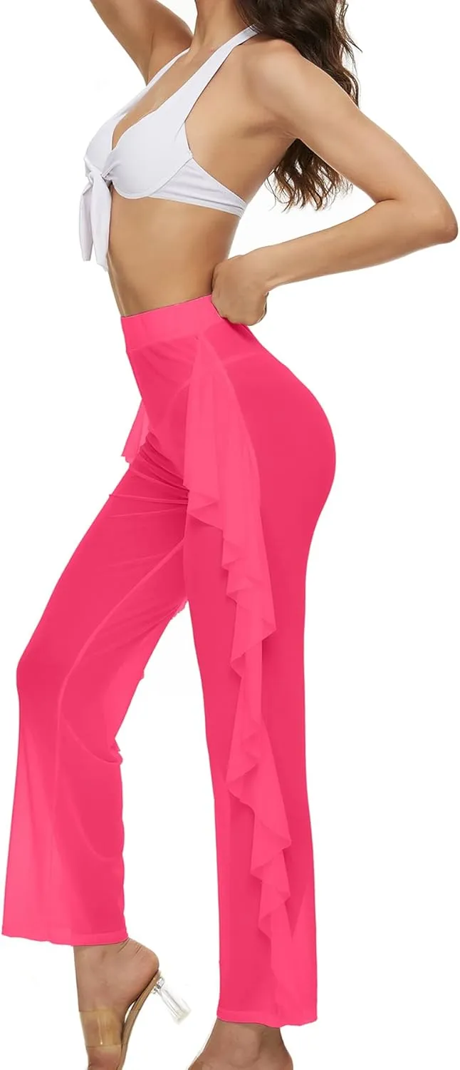 Willow Dance Women's Perspective Sheer Mesh Ruffle Pants Swimsuit Bikini Bottom Cover up Pants