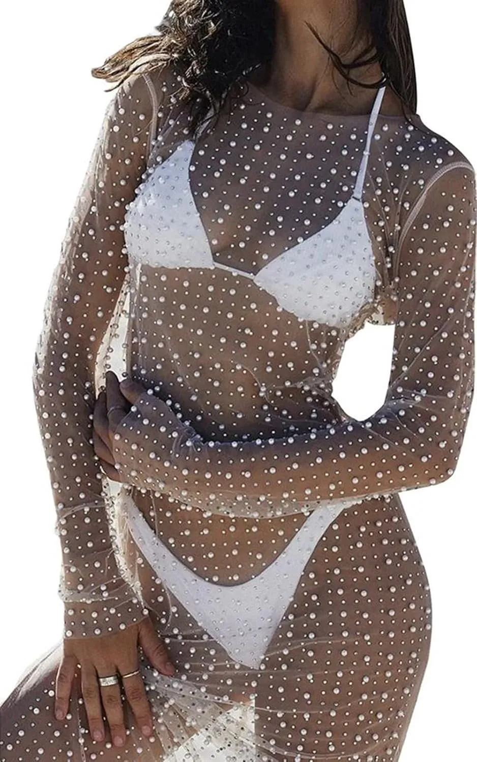 Willow Dance Women's Sheer Mesh Pearl Rhinestone Cover Up Beach Dress Swimwear Bikini Swimsuit Bathing Suit Coverups