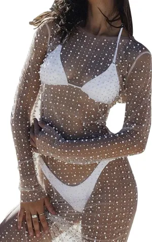 Willow Dance Women's Sheer Mesh Pearl Rhinestone Cover Up Beach Dress Swimwear Bikini Swimsuit Bathing Suit Coverups