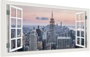 Window View New York Skyline Canvas Wall Art- City Landscape Canvas Print Pictures Painting Artwork Framed for Living Room Bedroom Bathrom Offce Decor-20"x40"