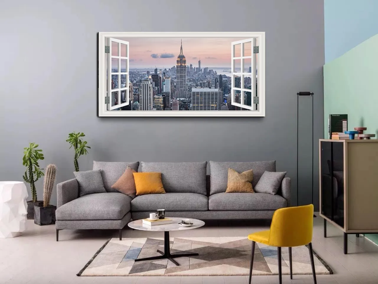 Window View New York Skyline Canvas Wall Art- City Landscape Canvas Print Pictures Painting Artwork Framed for Living Room Bedroom Bathrom Offce Decor-20"x40"