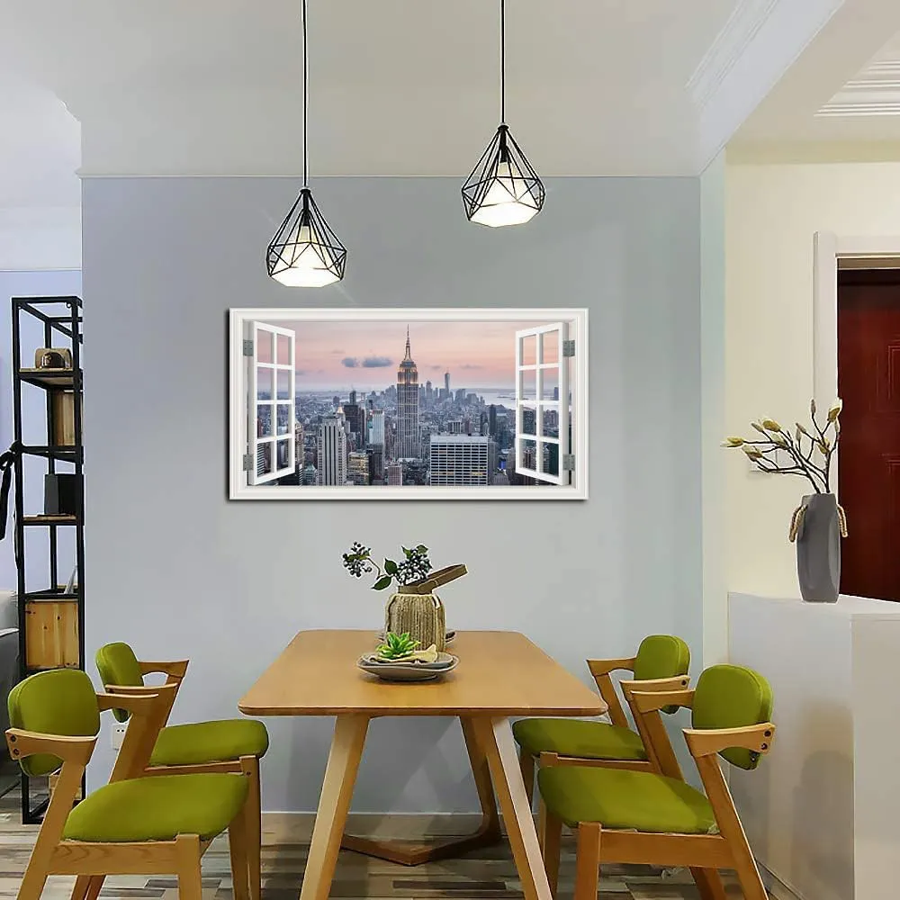 Window View New York Skyline Canvas Wall Art- City Landscape Canvas Print Pictures Painting Artwork Framed for Living Room Bedroom Bathrom Offce Decor-20"x40"