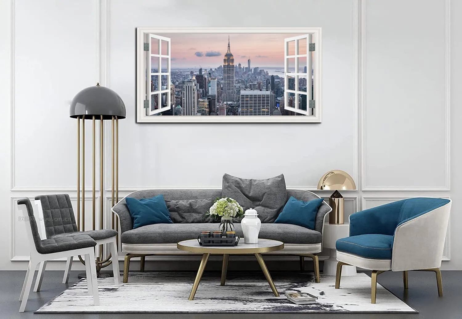 Window View New York Skyline Canvas Wall Art- City Landscape Canvas Print Pictures Painting Artwork Framed for Living Room Bedroom Bathrom Offce Decor-20"x40"