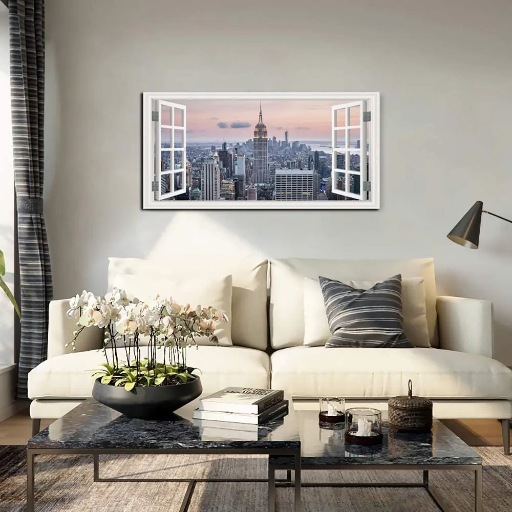 Window View New York Skyline Canvas Wall Art- City Landscape Canvas Print Pictures Painting Artwork Framed for Living Room Bedroom Bathrom Offce Decor-20"x40"