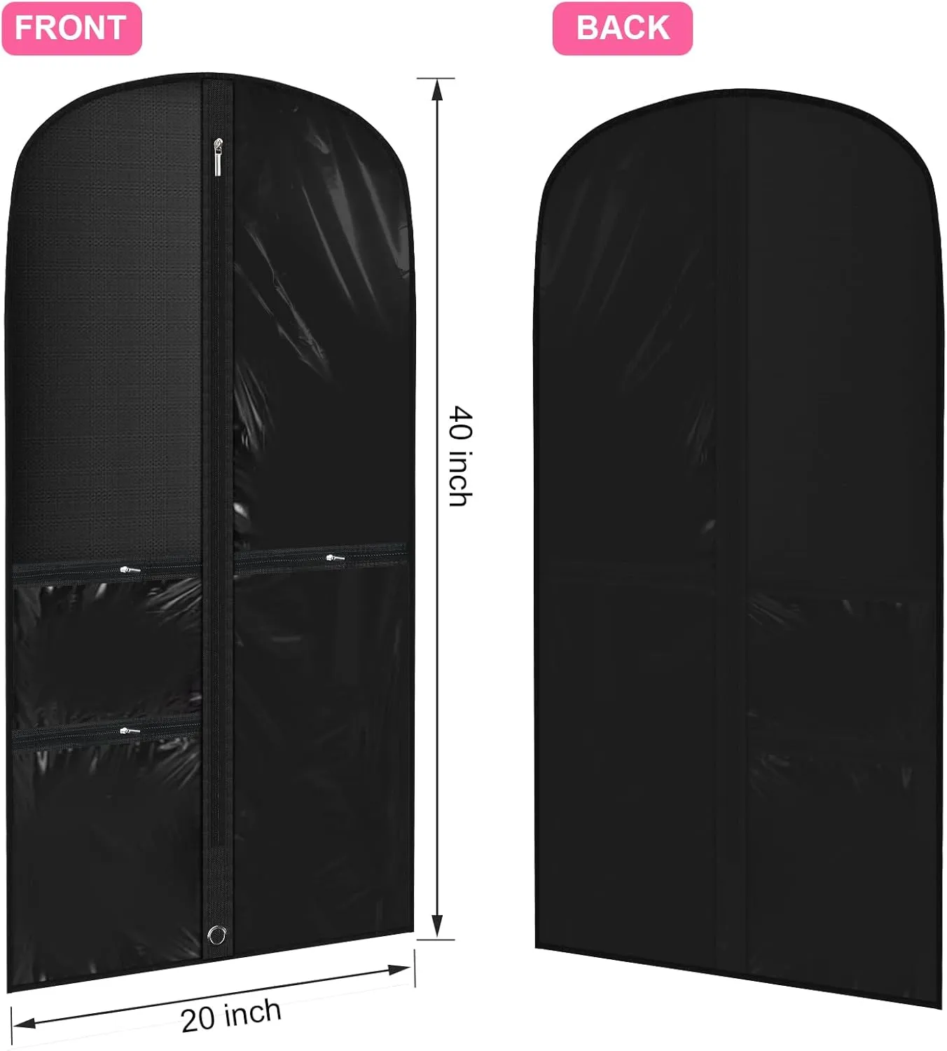 Windyun 10 Pack Garment Bags for Dance Costumes Kids 40 Inch Clothing Bags Hanging Clothes with 3 Clear Zipper Pocket Waterproof Garment Cover for Dance Competition, Travel, Closet Storage(Black)