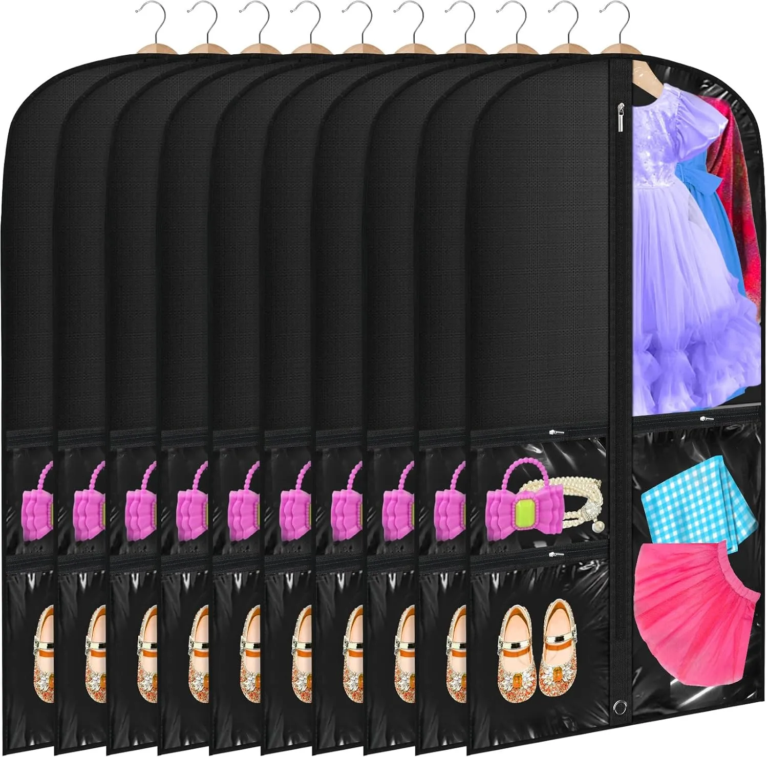 Windyun 10 Pack Garment Bags for Dance Costumes Kids 40 Inch Clothing Bags Hanging Clothes with 3 Clear Zipper Pocket Waterproof Garment Cover for Dance Competition, Travel, Closet Storage(Black)