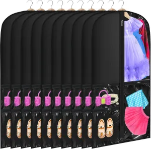 Windyun 10 Pack Garment Bags for Dance Costumes Kids 40 Inch Clothing Bags Hanging Clothes with 3 Clear Zipper Pocket Waterproof Garment Cover for Dance Competition, Travel, Closet Storage(Black)