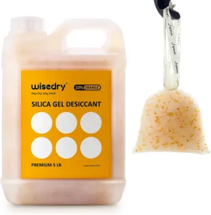 wisedry [ 5 LBS ] Silica Gel Beads Reusable Color Indicating Rechargeable Desiccant Bulk with 10 Pcs Organza Drawstring Bags