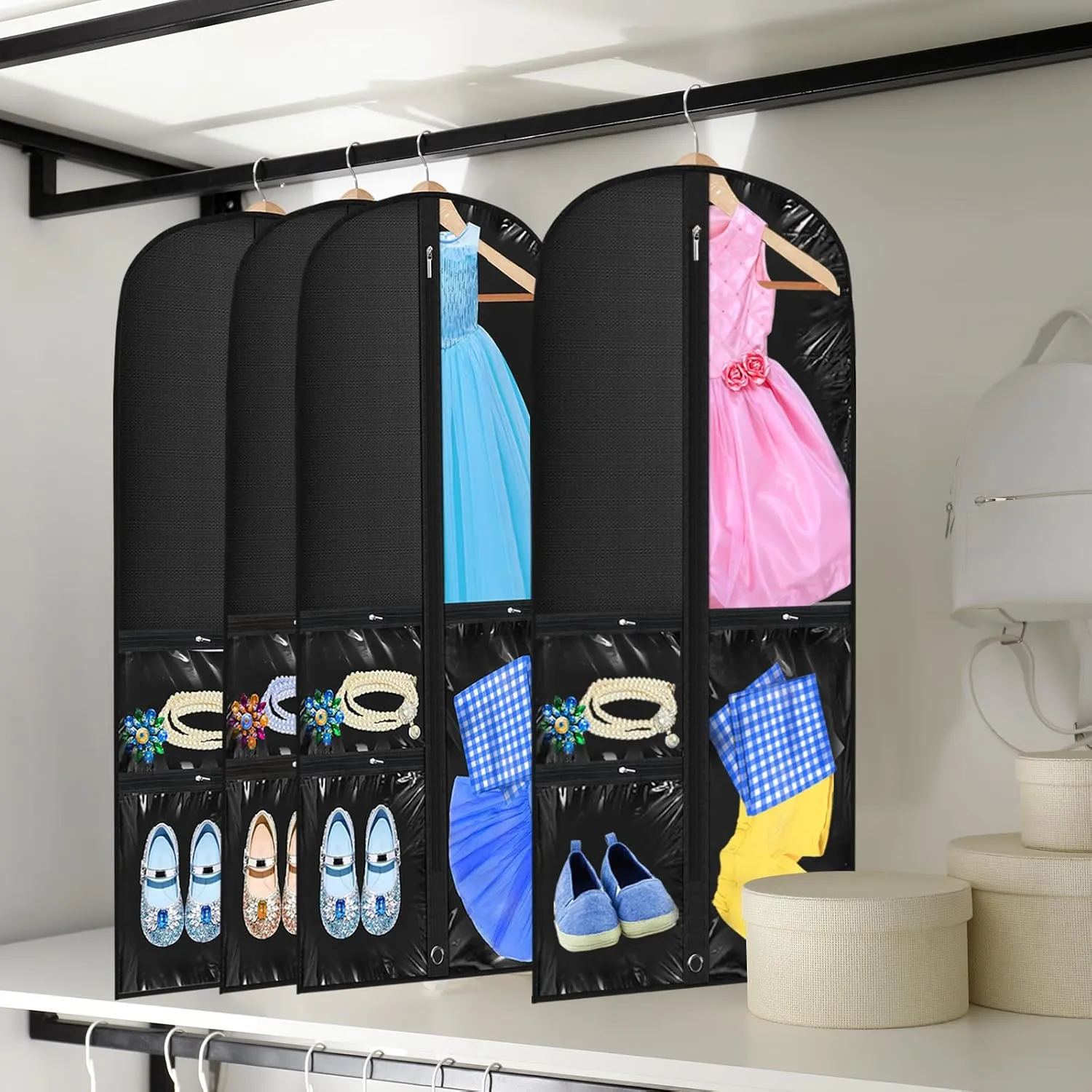 Woanger 6 Pcs Garment Bags for Dance Costumes Clear PVC with Zippers Garment Bag with Pockets Dance Costume Organizer Carrier for Storage Cover for Adult(Black,20'' x 40'')