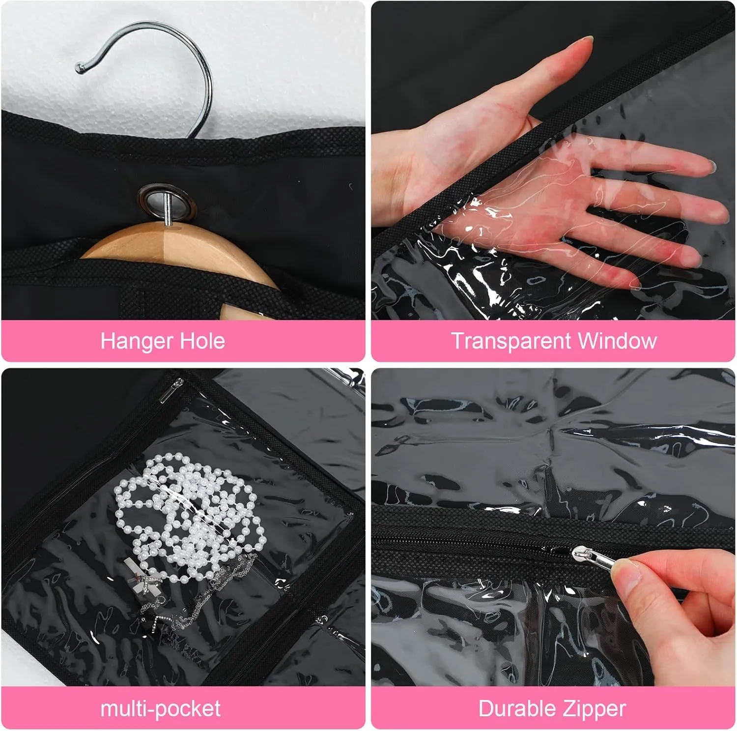 Woanger 6 Pcs Garment Bags for Dance Costumes Clear PVC with Zippers Garment Bag with Pockets Dance Costume Organizer Carrier for Storage Cover for Adult(Black,20'' x 40'')