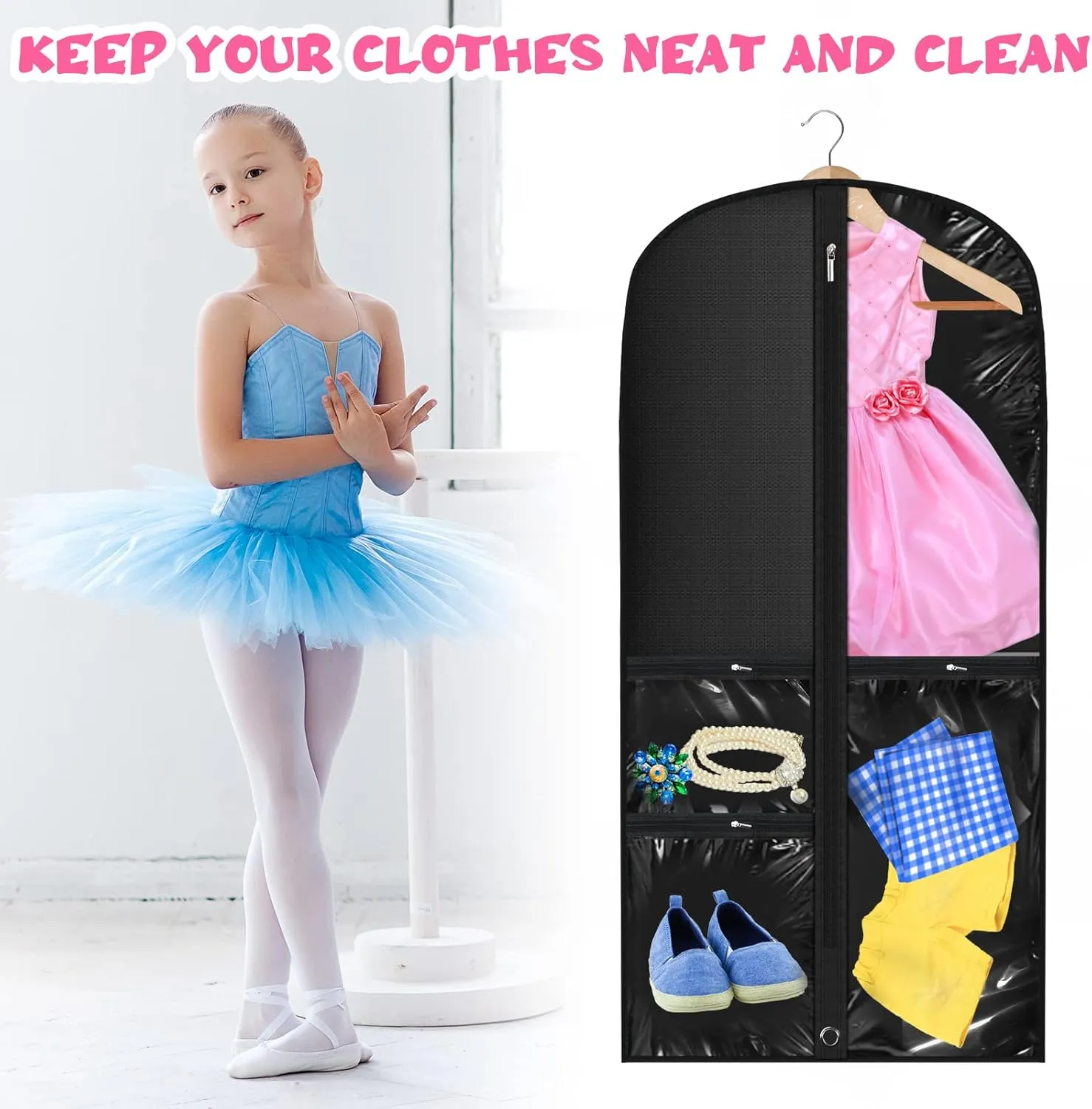 Woanger 6 Pcs Garment Bags for Dance Costumes Clear PVC with Zippers Garment Bag with Pockets Dance Costume Organizer Carrier for Storage Cover for Adult(Black,20'' x 40'')