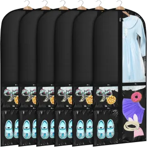 Woanger 6 Pcs Garment Bags for Dance Costumes Clear PVC with Zippers Garment Bag with Pockets Dance Costume Organizer Carrier for Storage Cover for Adult(Black,20'' X 60'')