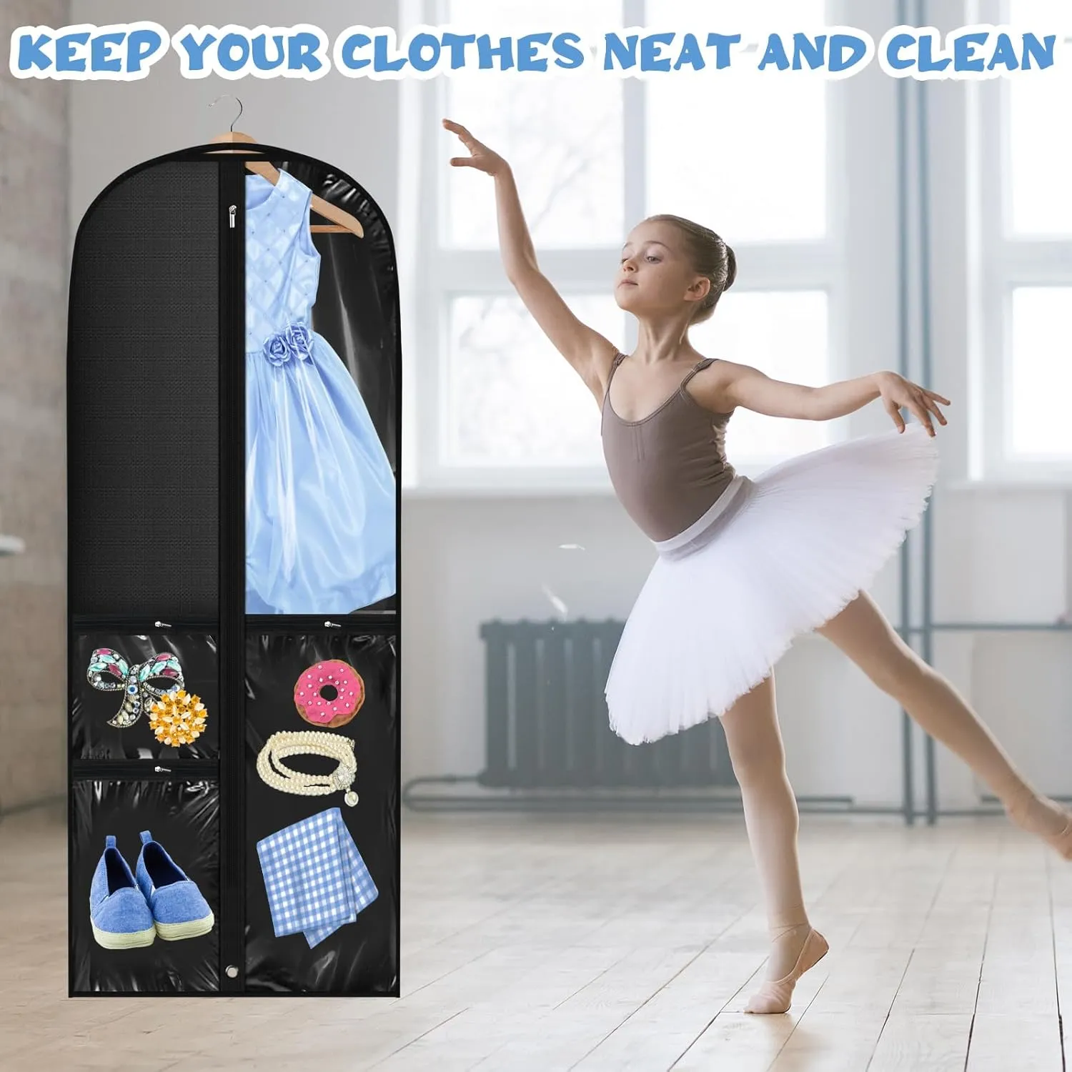 Woanger 6 Pcs Garment Bags for Dance Costumes Clear PVC with Zippers Garment Bag with Pockets Dance Costume Organizer Carrier for Storage Cover for Adult(Black,20'' X 60'')