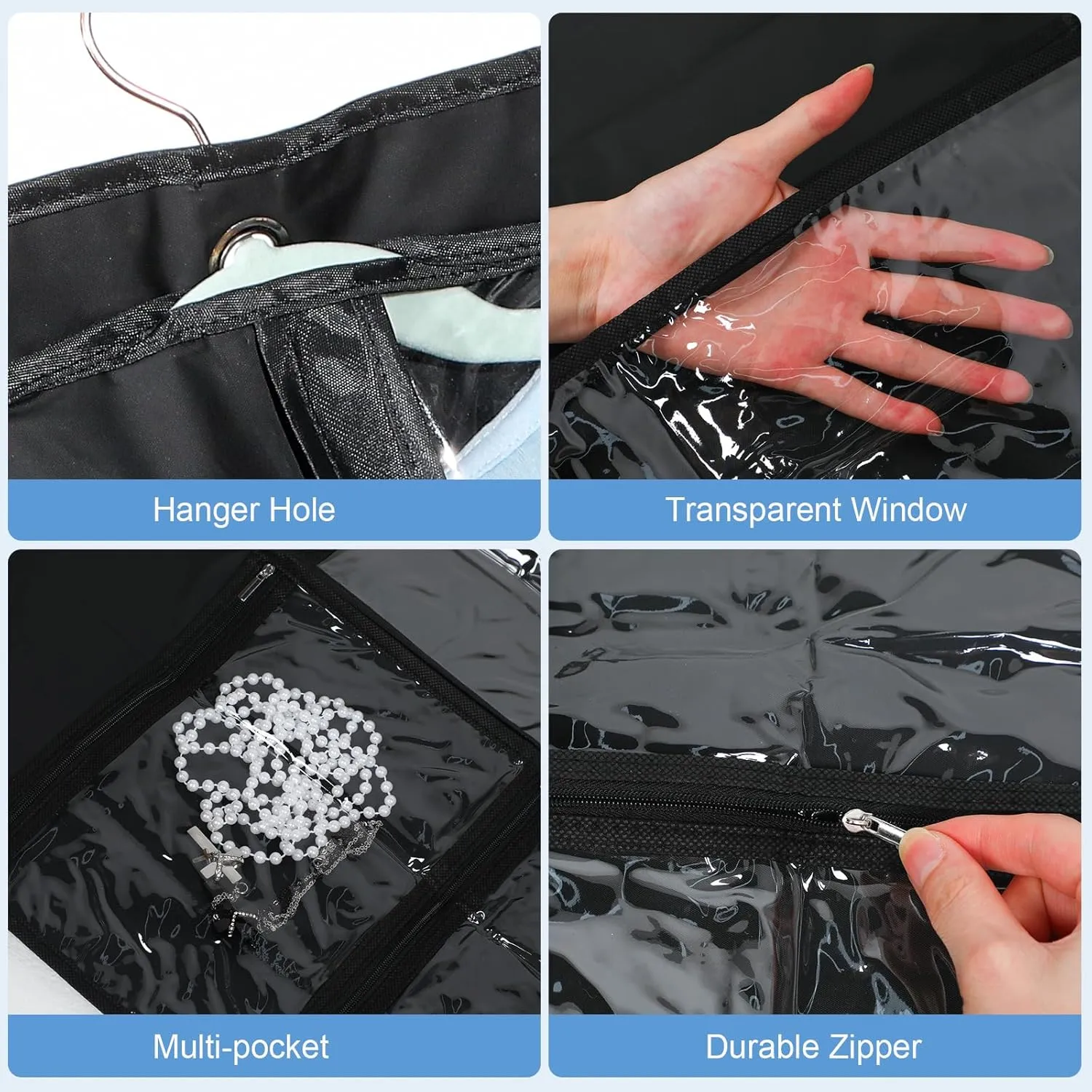 Woanger 6 Pcs Garment Bags for Dance Costumes Clear PVC with Zippers Garment Bag with Pockets Dance Costume Organizer Carrier for Storage Cover for Adult(Black,20'' X 60'')