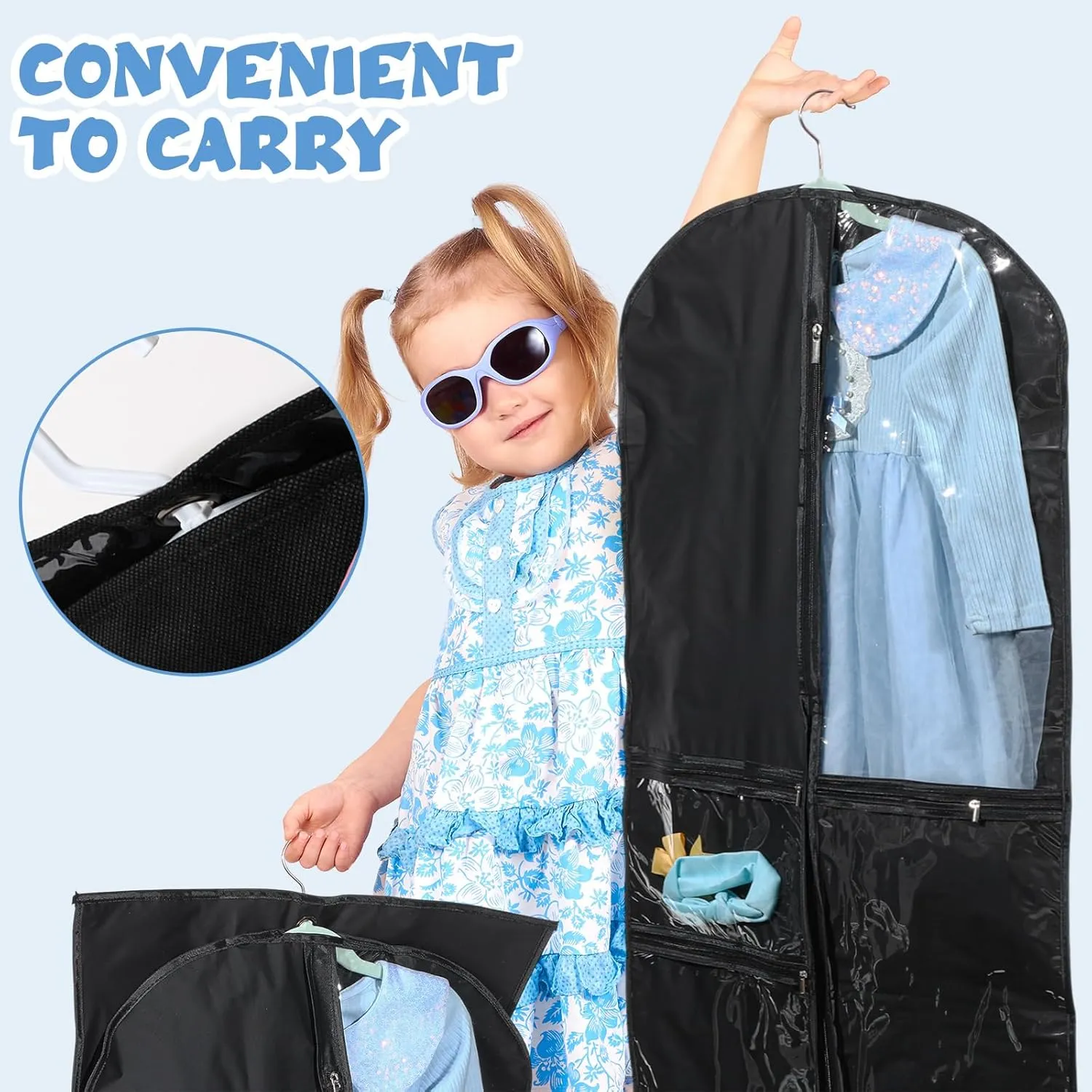 Woanger 6 Pcs Garment Bags for Dance Costumes Clear PVC with Zippers Garment Bag with Pockets Dance Costume Organizer Carrier for Storage Cover for Adult(Black,20'' X 60'')