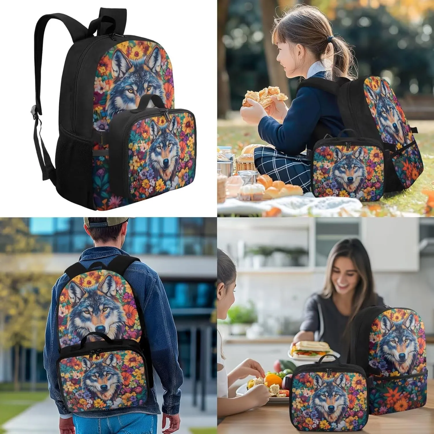 Wolf Backpack for Girls 10-12 4th 5th 6th Grade Elementary School Bag with Water Bottle Holder Tween Teens Girl Kids Pencil Case for Boys Gifts Back to School Supplies