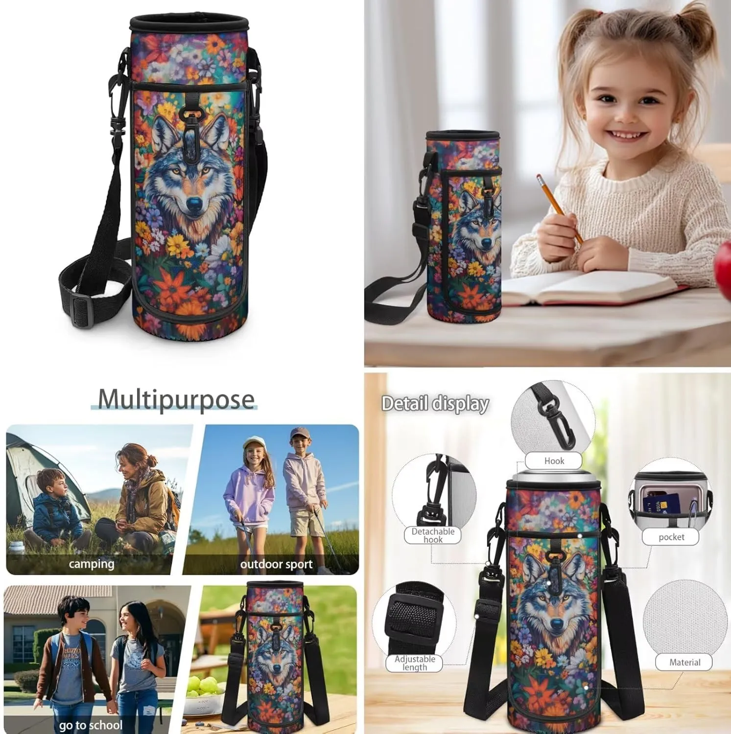 Wolf Backpack for Girls 10-12 4th 5th 6th Grade Elementary School Bag with Water Bottle Holder Tween Teens Girl Kids Pencil Case for Boys Gifts Back to School Supplies
