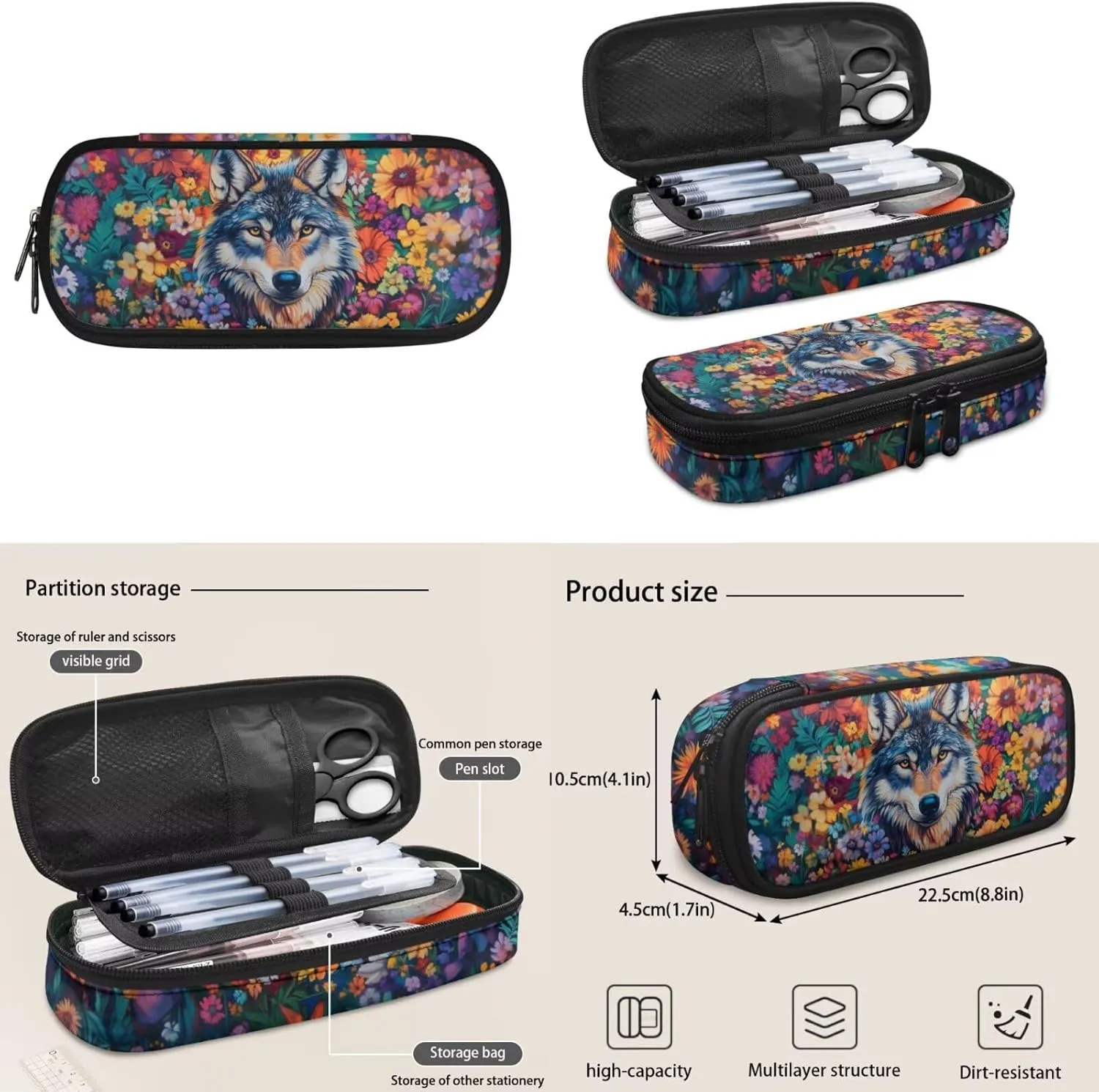 Wolf Backpack for Girls 10-12 4th 5th 6th Grade Elementary School Bag with Water Bottle Holder Tween Teens Girl Kids Pencil Case for Boys Gifts Back to School Supplies