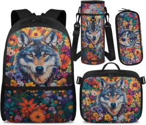 Wolf Backpack for Girls 10-12 4th 5th 6th Grade Elementary School Bag with Water Bottle Holder Tween Teens Girl Kids Pencil Case for Boys Gifts Back to School Supplies