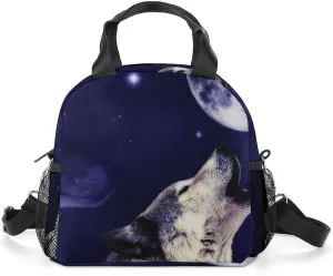Wolf Howling at The Moon Portable Lunch Box Crossbody Bag Tote Insulated with Adjustable Strap Work Beach Picnic