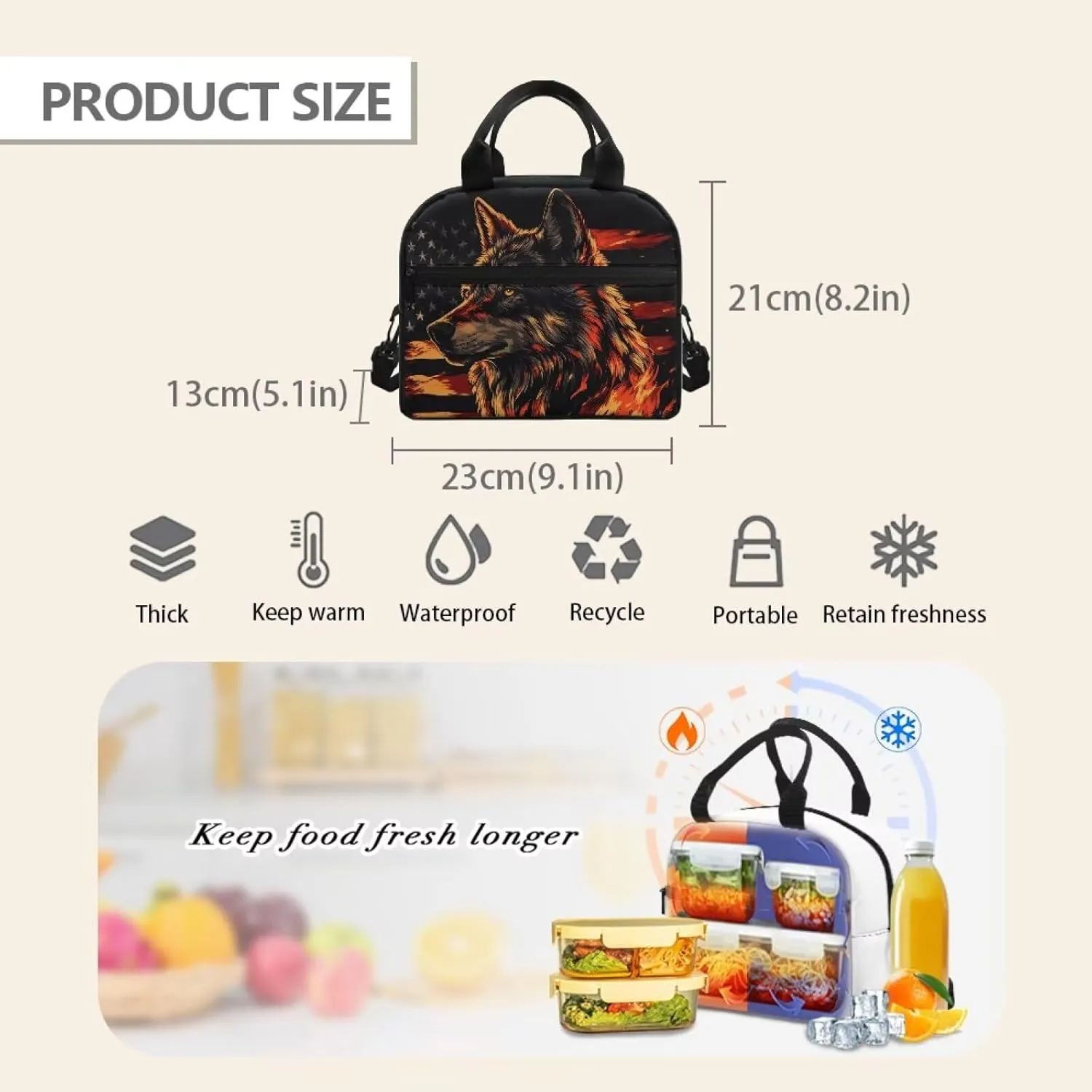 Wolf Insulated Lunch Bag Reusable Lunchbox Leakproof Lunch Cooler Bag with Handle for School Picnic Beach Portable Crossbody Food Tote Handbag Ice Packs Containers