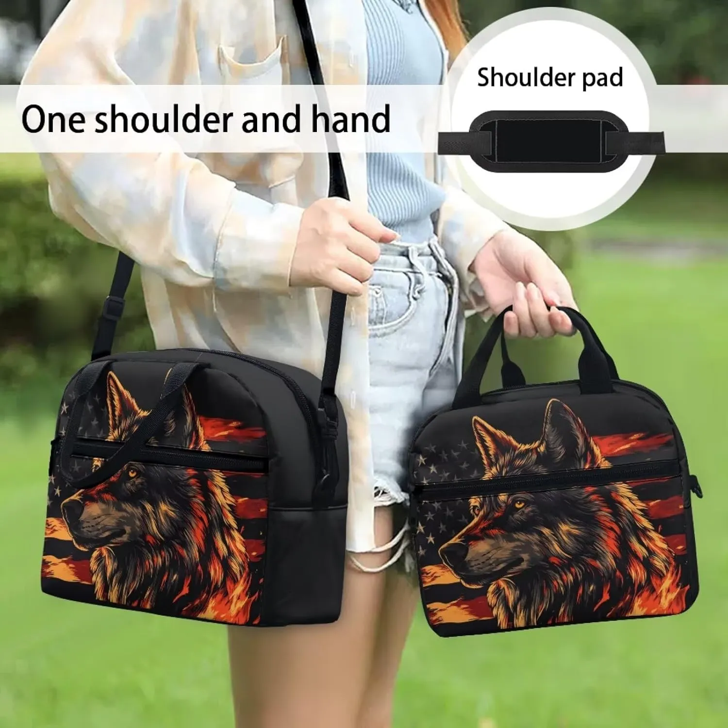 Wolf Insulated Lunch Bag Reusable Lunchbox Leakproof Lunch Cooler Bag with Handle for School Picnic Beach Portable Crossbody Food Tote Handbag Ice Packs Containers