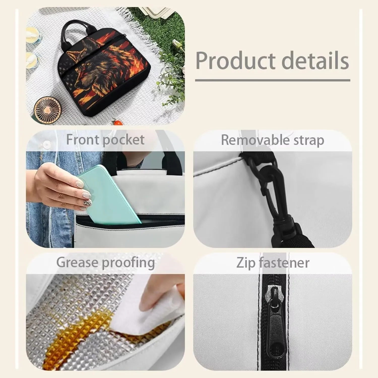 Wolf Insulated Lunch Bag Reusable Lunchbox Leakproof Lunch Cooler Bag with Handle for School Picnic Beach Portable Crossbody Food Tote Handbag Ice Packs Containers