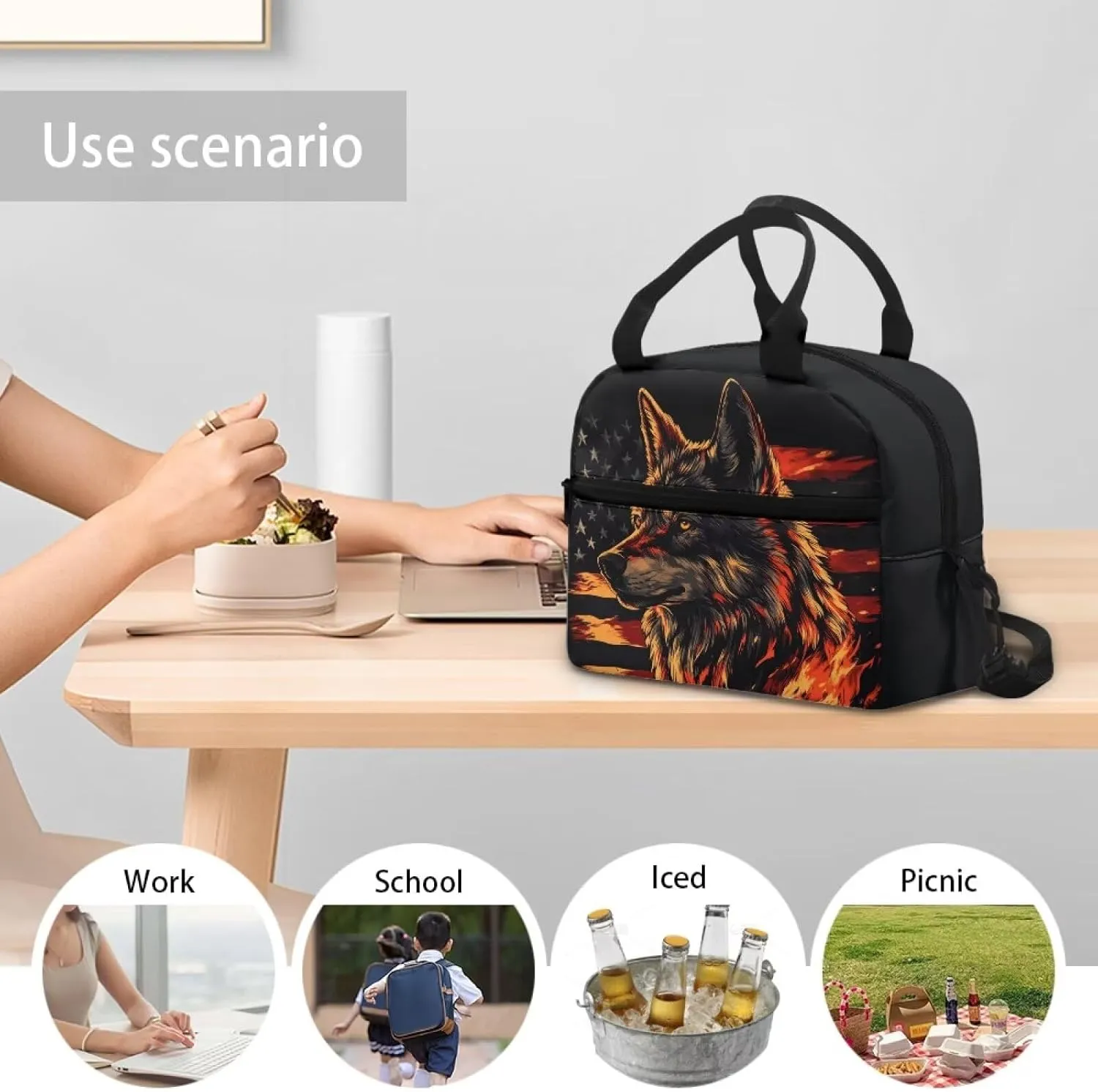 Wolf Insulated Lunch Bag Reusable Lunchbox Leakproof Lunch Cooler Bag with Handle for School Picnic Beach Portable Crossbody Food Tote Handbag Ice Packs Containers