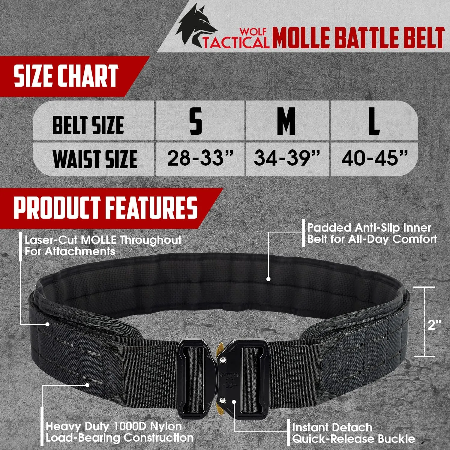 WOLF TACTICAL Molle Battle Belt – War Belt Battle Belts Tactical Gun Belt Duty Belt 2” Quick-Release Combat Belt