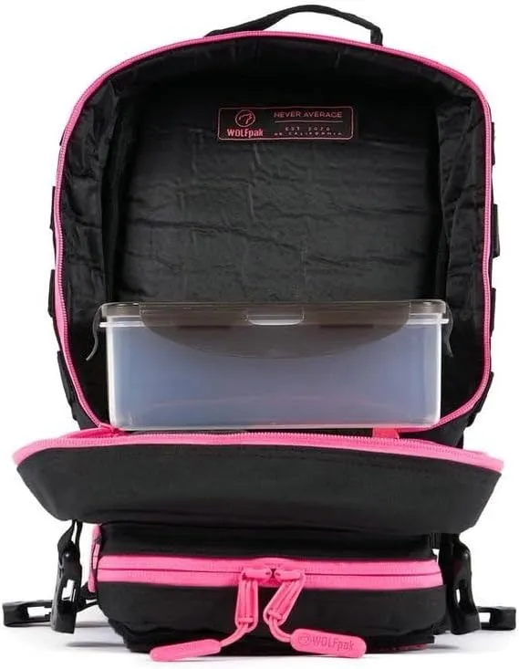 WOLFpak 9L Mini Meal Prep Management Backpack (Black Neon Pink) Lunch Box, Cooler, Travel, Insulated Bag, Daypack
