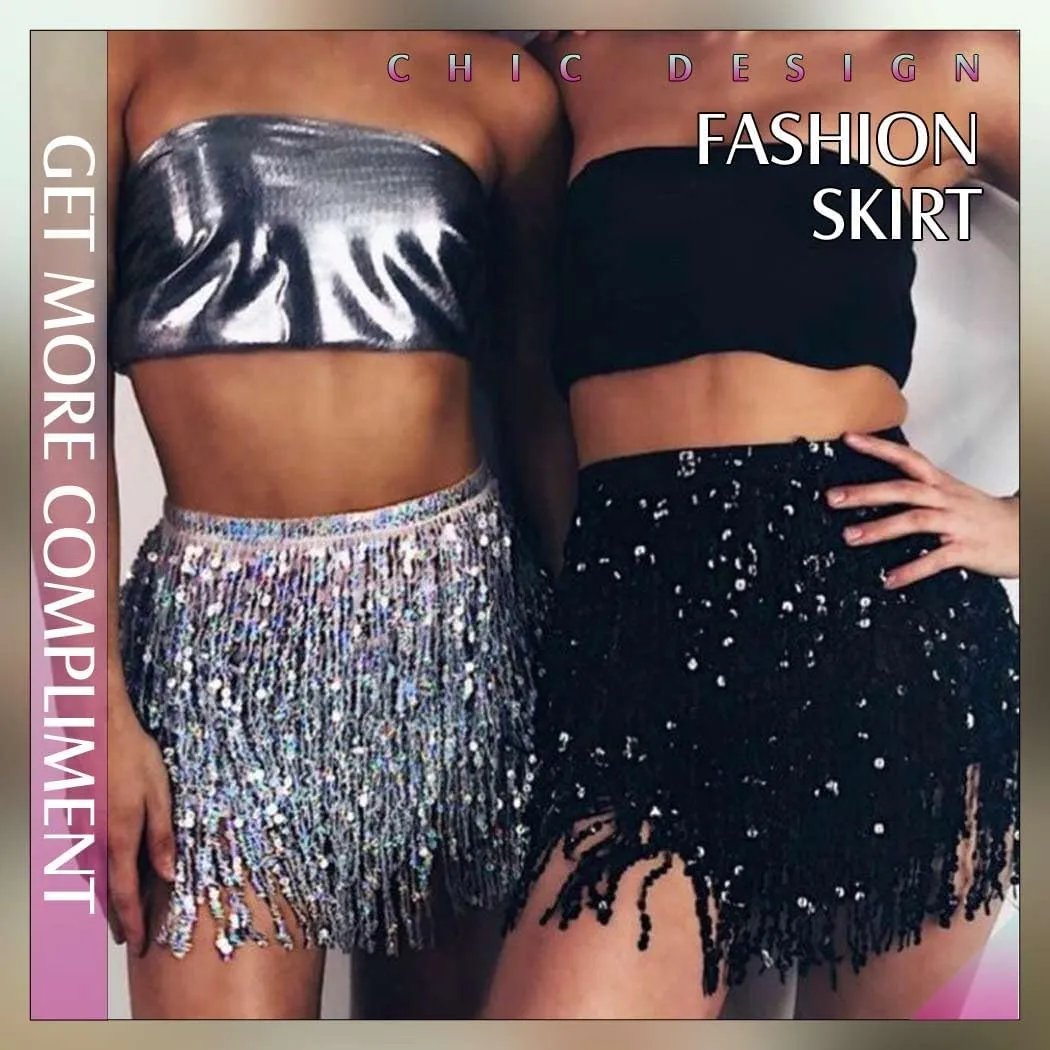 Women Belly Dance Skirt Sequin Fringe Wrap Skirts Sparkly Hip Scarf Skirt Party Rave Costume