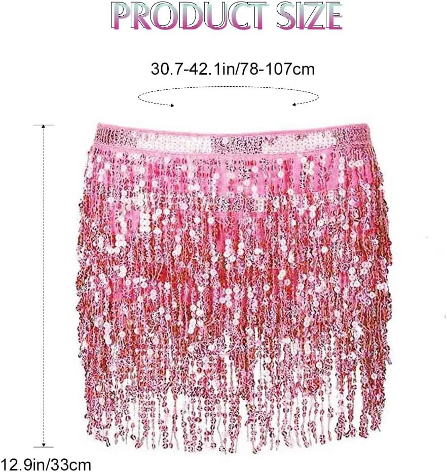 Women Belly Dance Skirt Sequin Fringe Wrap Skirts Sparkly Hip Scarf Skirt Party Rave Costume