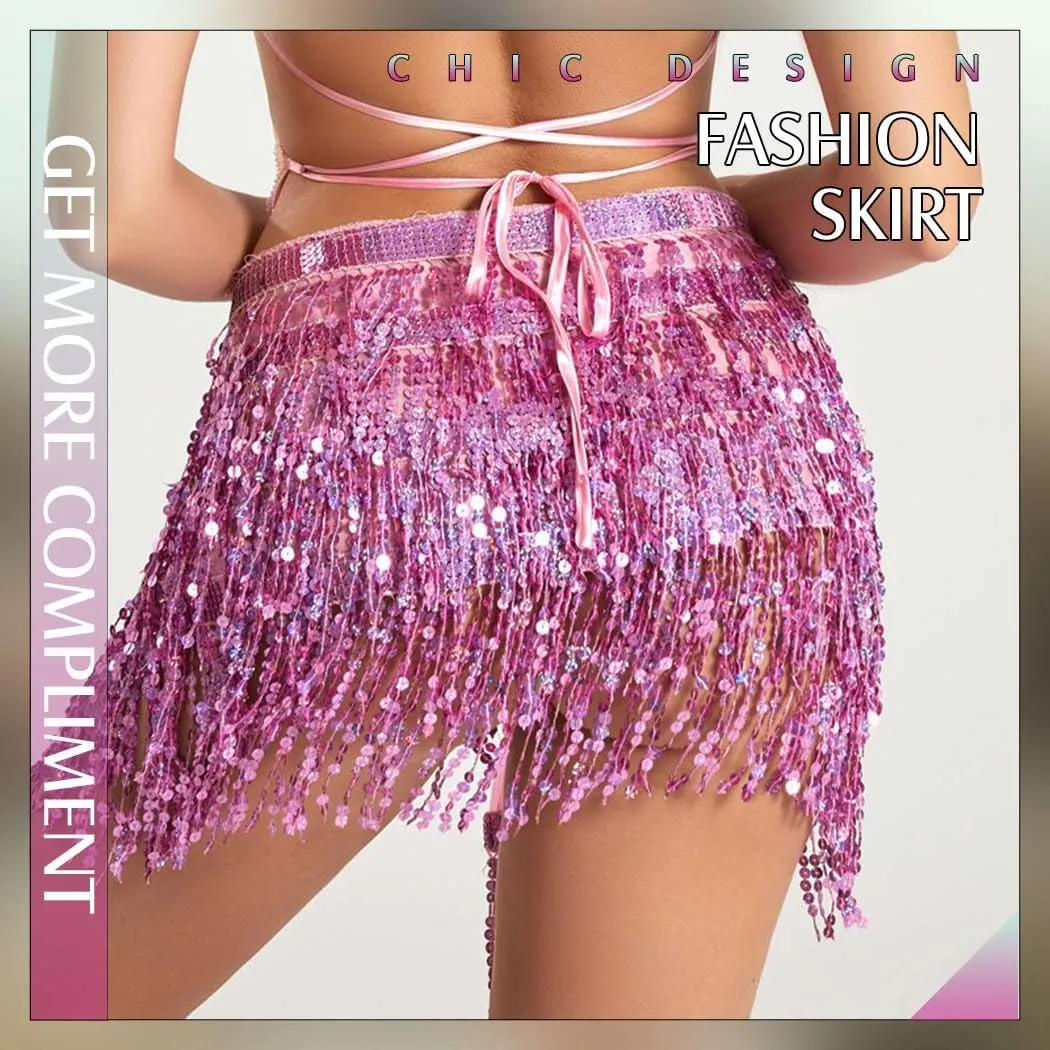Women Belly Dance Skirt Sequin Fringe Wrap Skirts Sparkly Hip Scarf Skirt Party Rave Costume