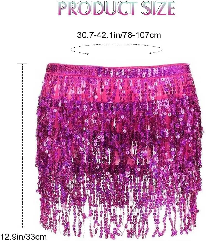 Women Belly Dance Skirt Sequin Fringe Wrap Skirts Sparkly Hip Scarf Skirt Party Rave Costume